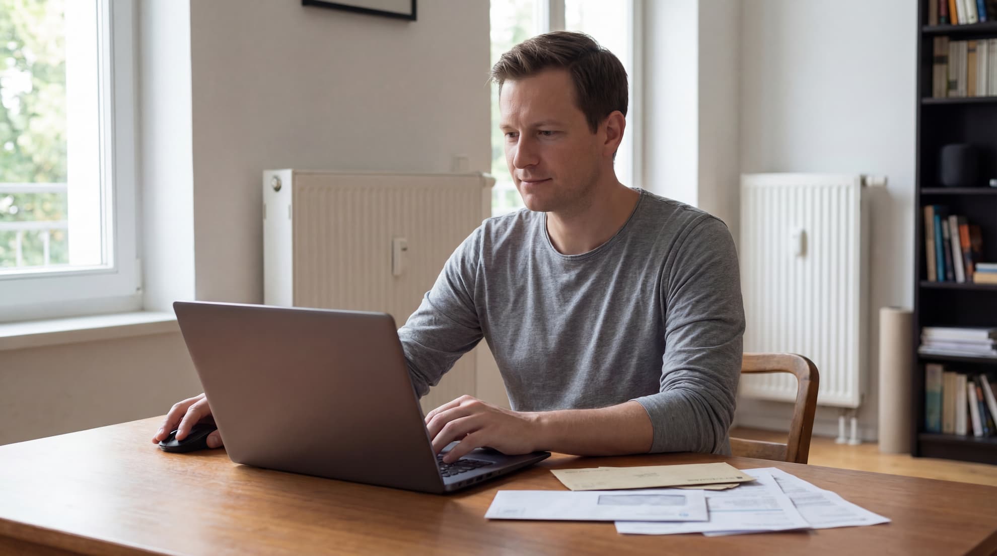 Mann arbeitet online am Laptop um schnell Geld zu verdienen und Rechnungen zu bezahlen